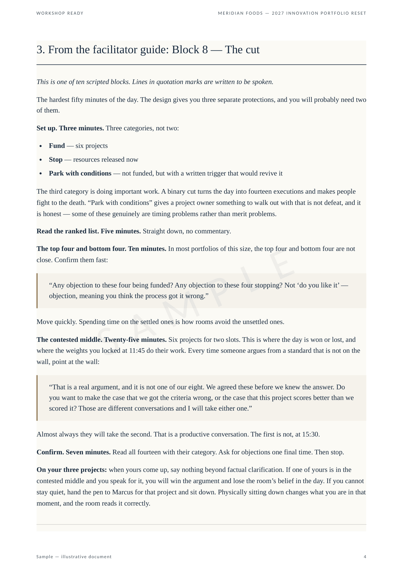 A page of facilitator script from a real runbook